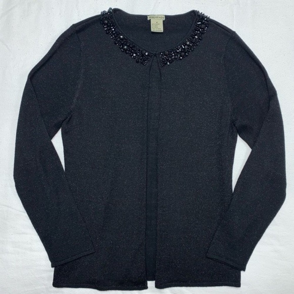Black Beaded Shimmer Lightweight Cardigan Sweater Women Medium Delicate Knit